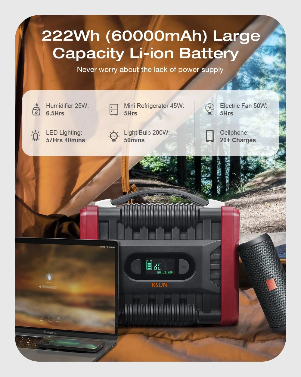 KST202 222Wh Portable Power Station 110V/220V 200W with Flashlight for Emergency built-in 60000mAh Lithium Battery For Outdoor Travel Hunting Camping