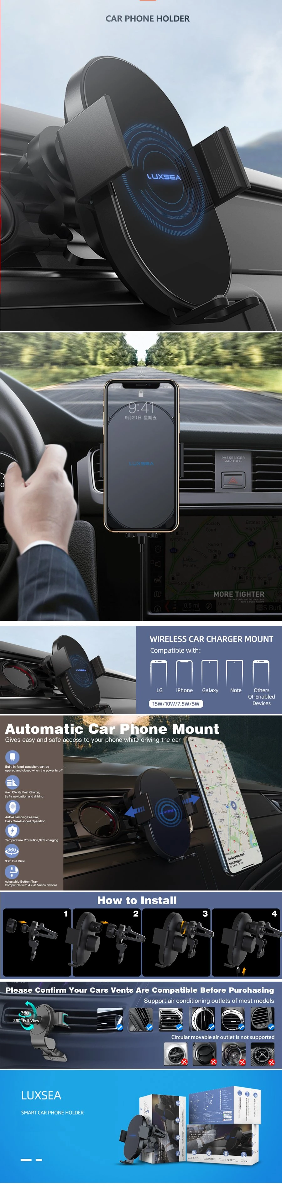 Car Wireless Charger 10W Fast Charger Wireless Car Charger Mount Phone Holder Air Vent Auto-Clamping Infrared Sensor