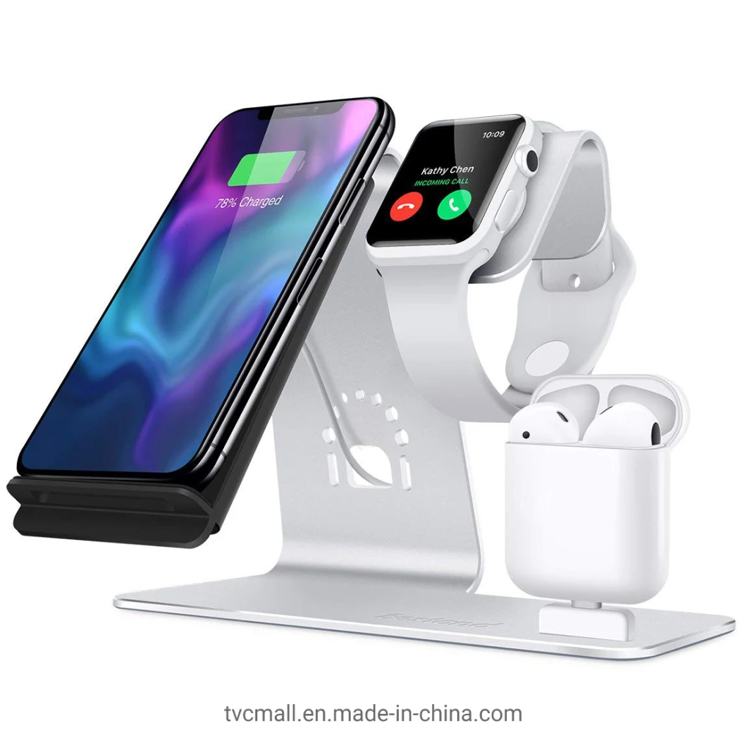 Bestand 3-in-1 10W Phone Qi Wireless Charger Stand Desktop Watch Holder Charging Dock for Airpods - Silver